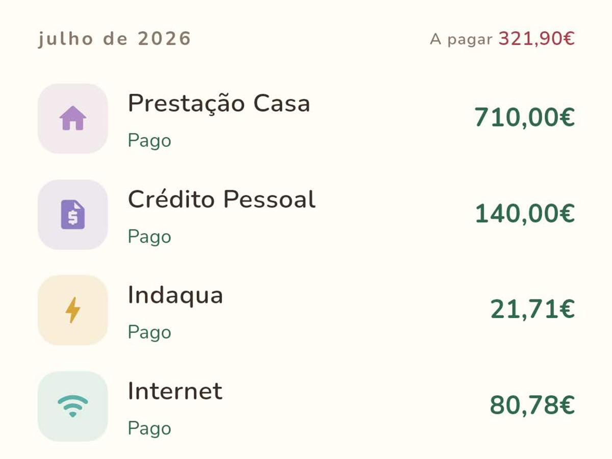 Ecrã de contas e recorrências da Billsfort